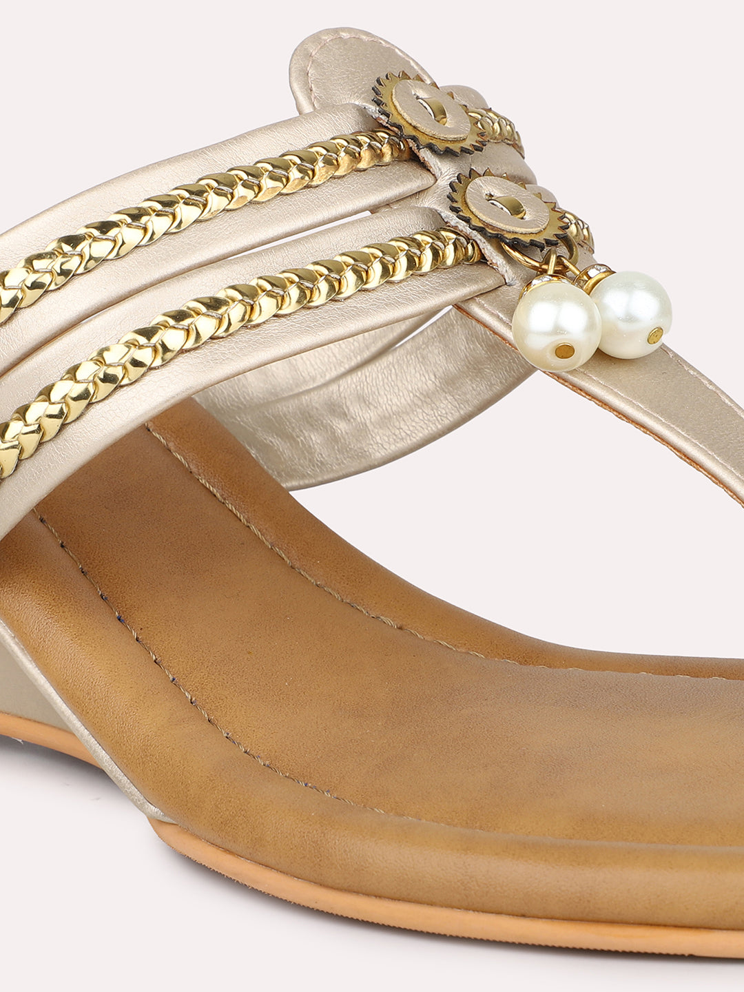 Women Gold Embellished One Toe Wedge Heels