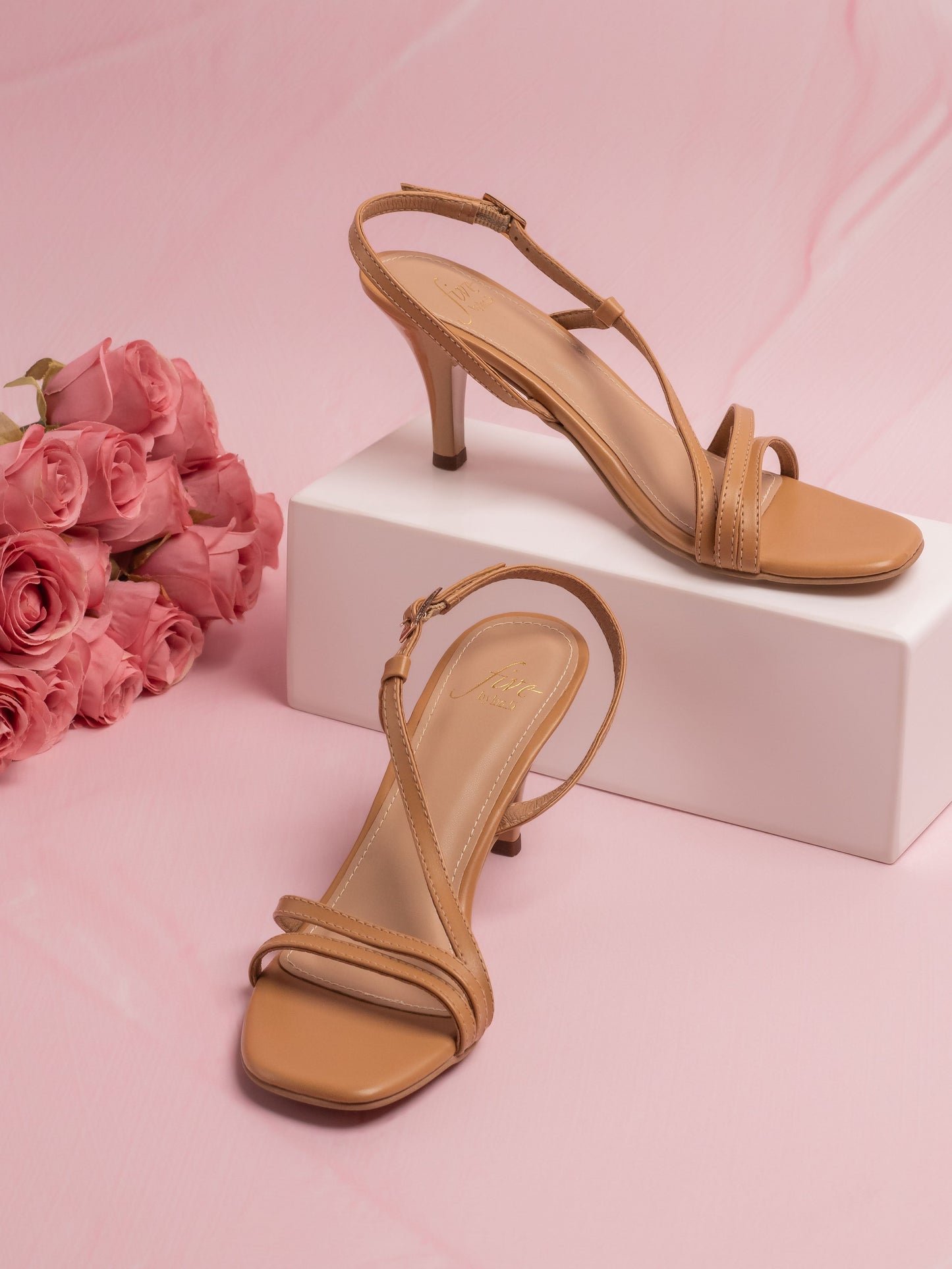 Women Beige Strappy Open Toe Slim Heels