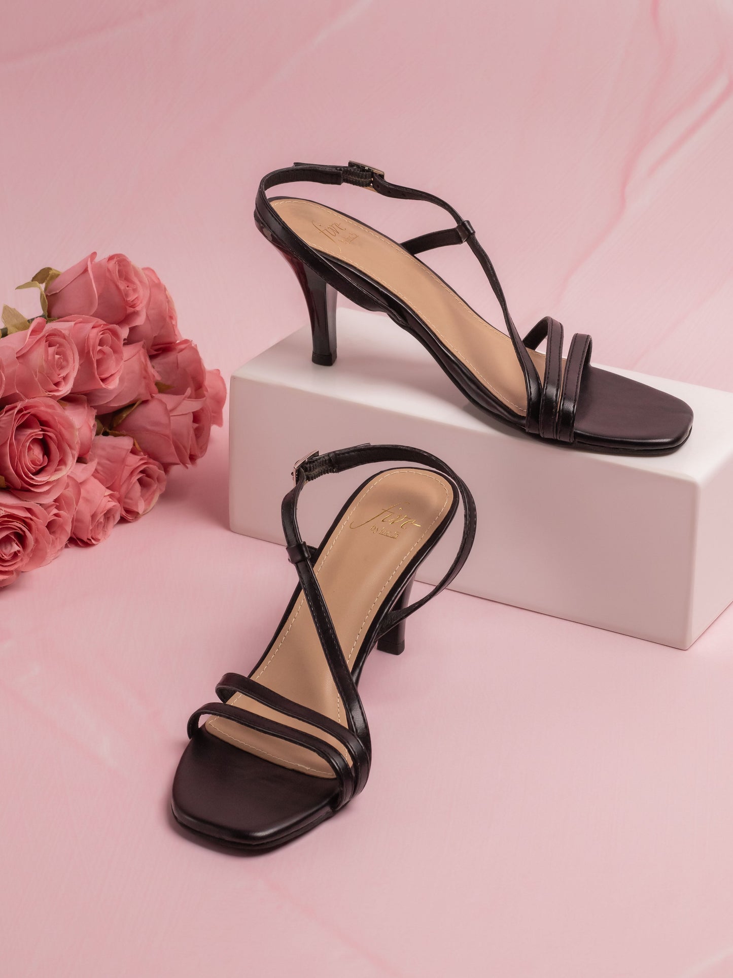 Women Black Strappy Open Toe Slim Heels