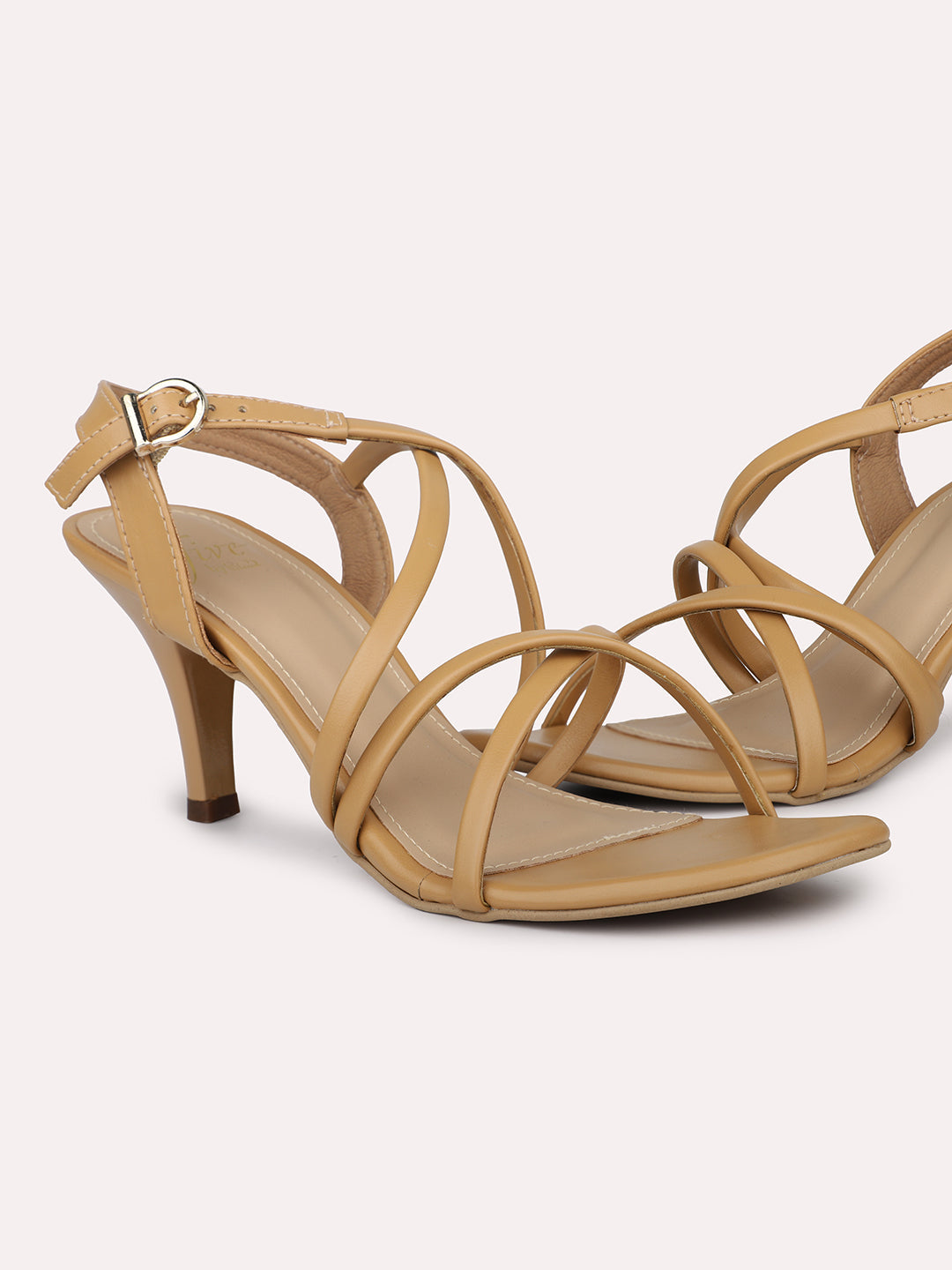 Women Beige Strappy Slim Heels With Buckle Clousre