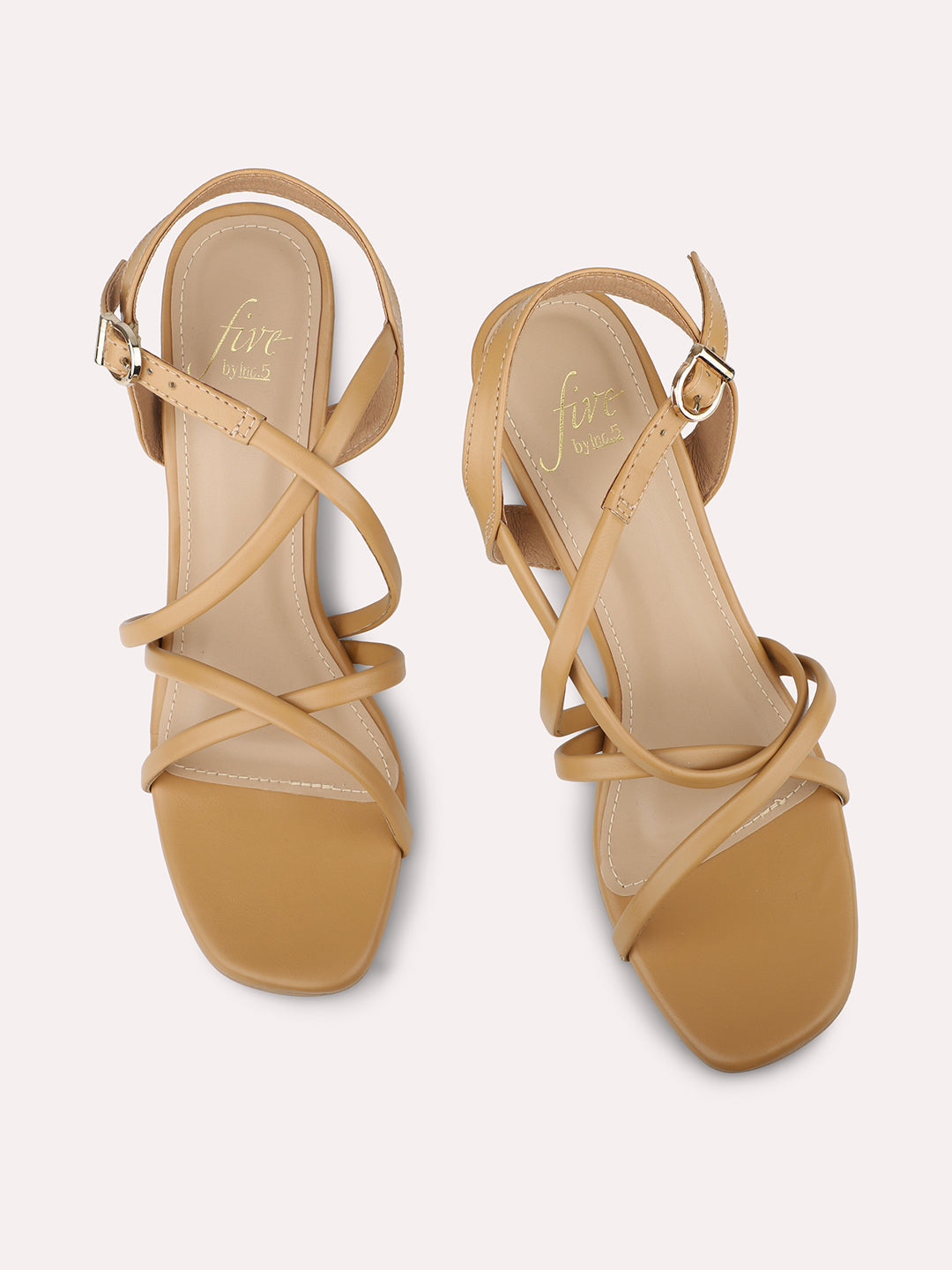 Women Beige Strappy Slim Heels With Buckle Clousre