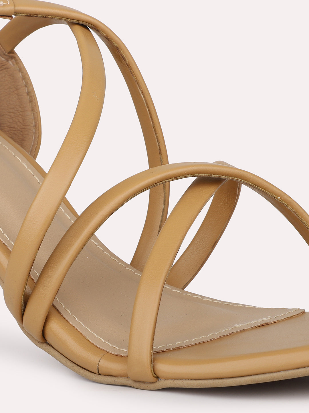 Women Beige Strappy Slim Heels With Buckle Clousre