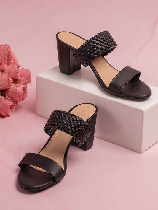 Women Black Textured Solid Block Heels