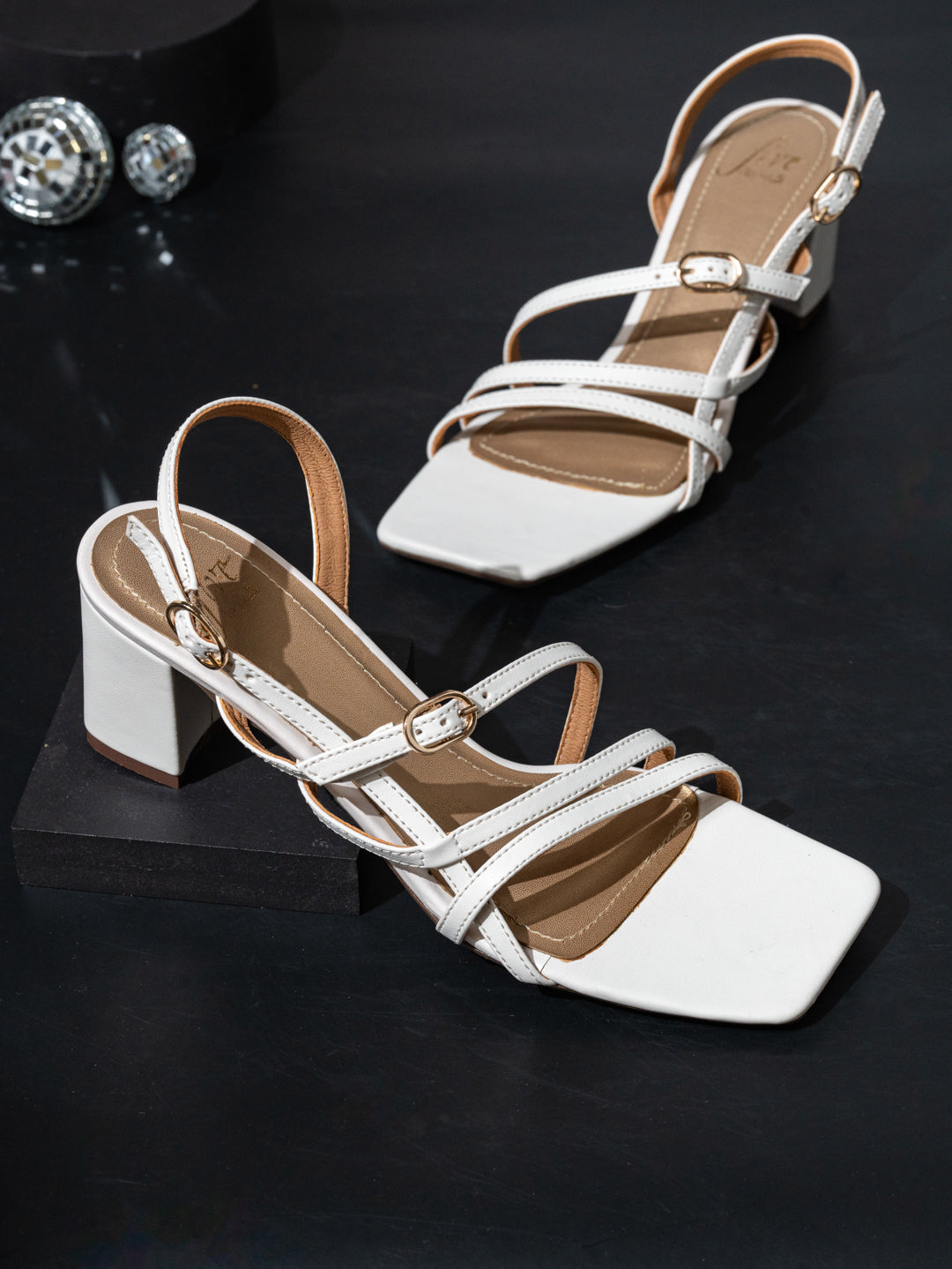 Women White Strappy Block Heels