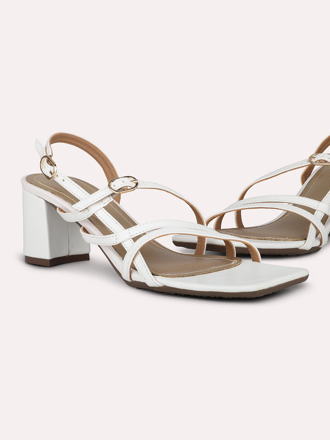 Women White Strappy Block Heels