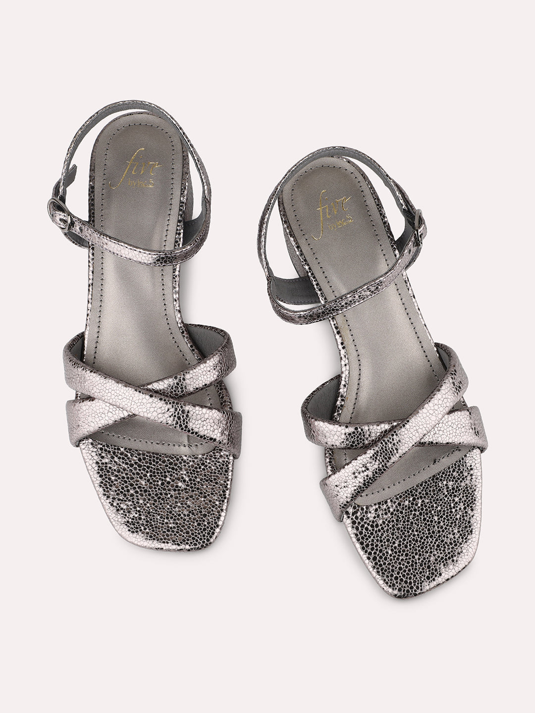 Women Pewter Textured Block Heels With Buckle Details