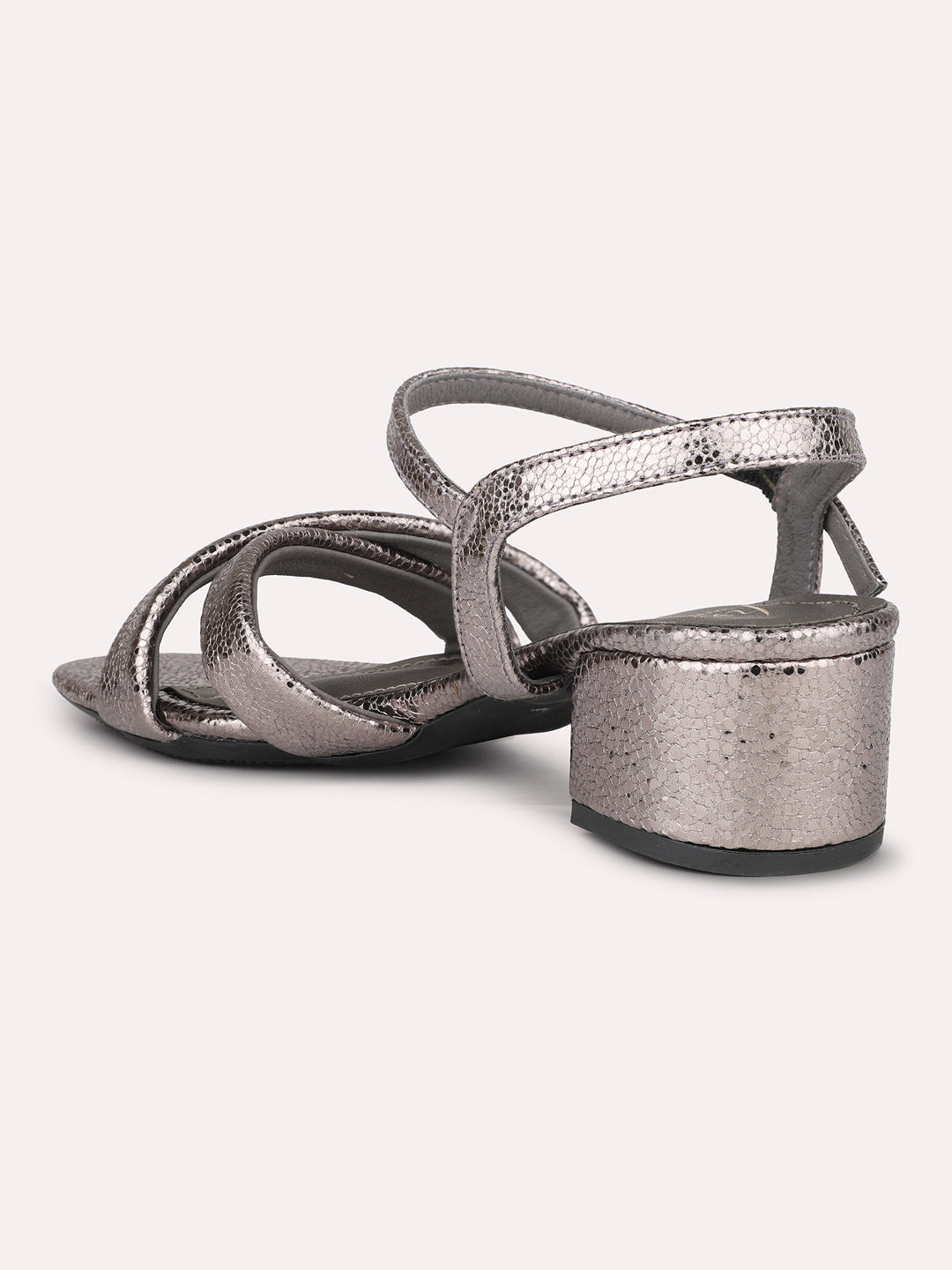 Women Pewter Textured Block Heels With Buckle Details