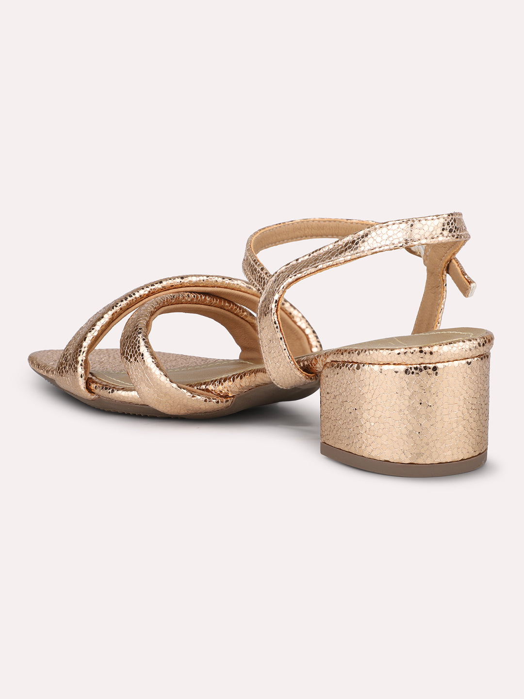 Women Rose Gold Textured Block Heels With Buckle Details