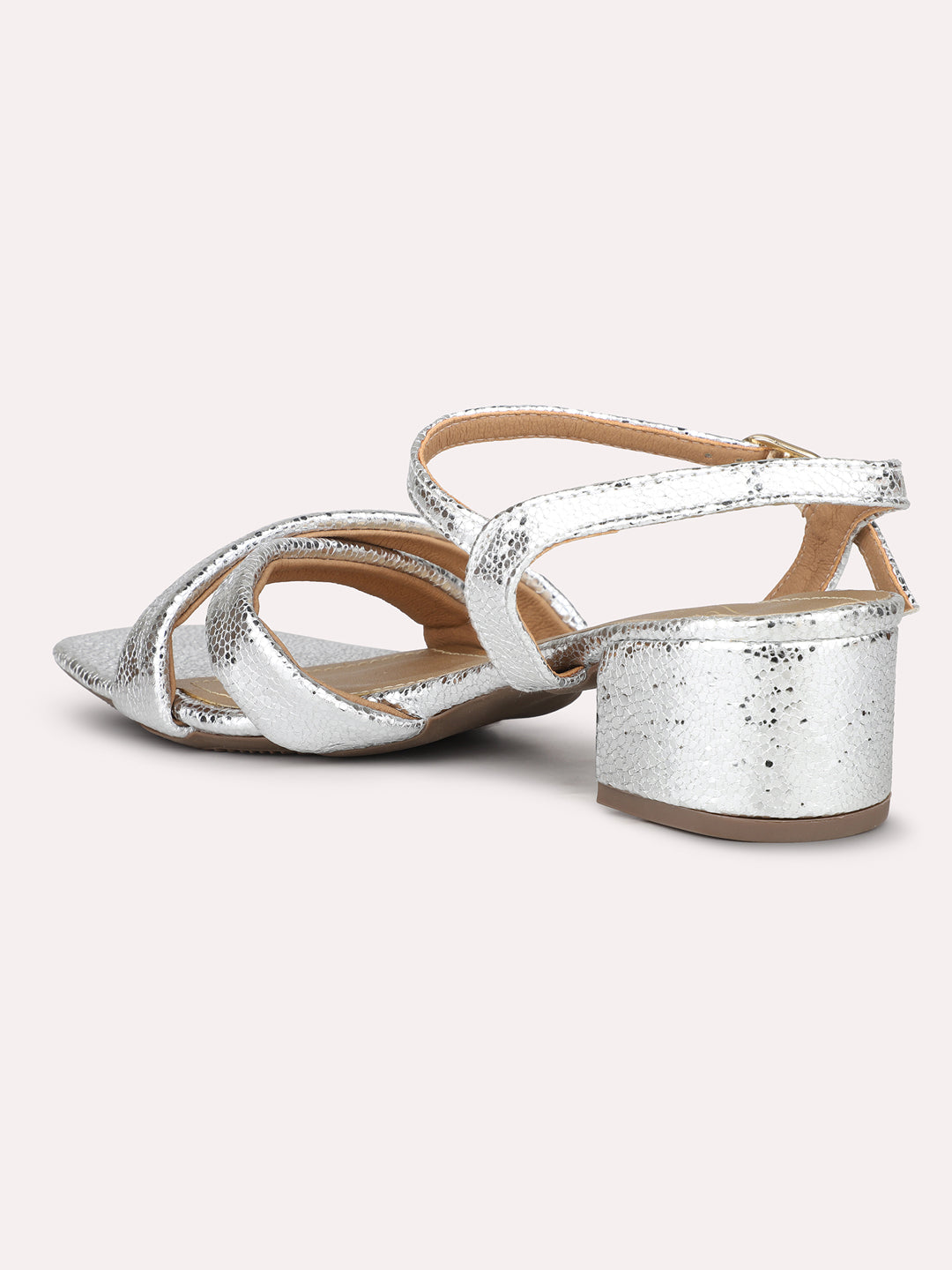 Women Silver Textured Block Heels With Buckle Details