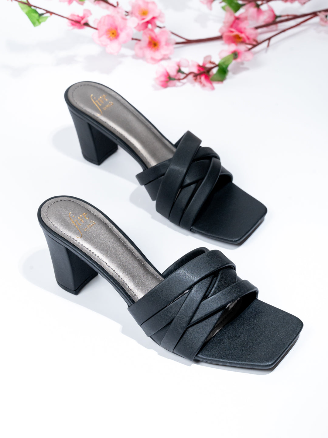 Women Black Strappy Block Heels