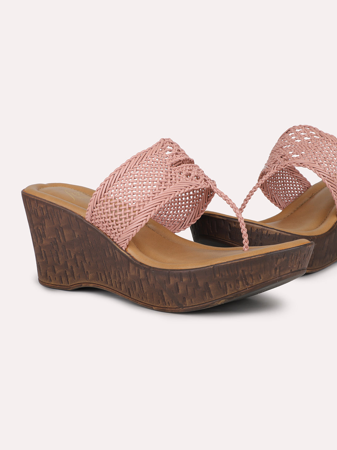 Women Peach Woven Design Wedge Sandals