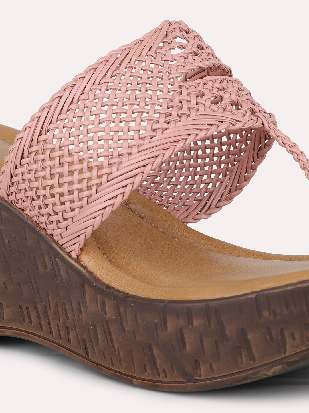 Women Peach Woven Design Wedge Sandals