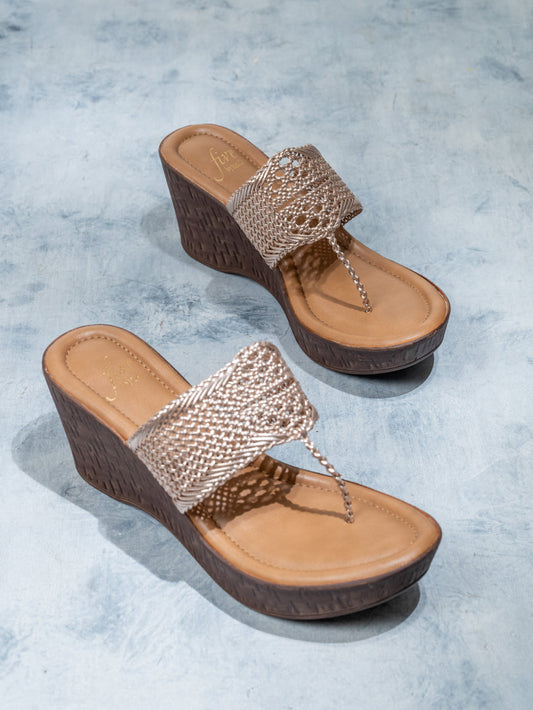 Women Rose Gold Woven Design Wedge Sandals