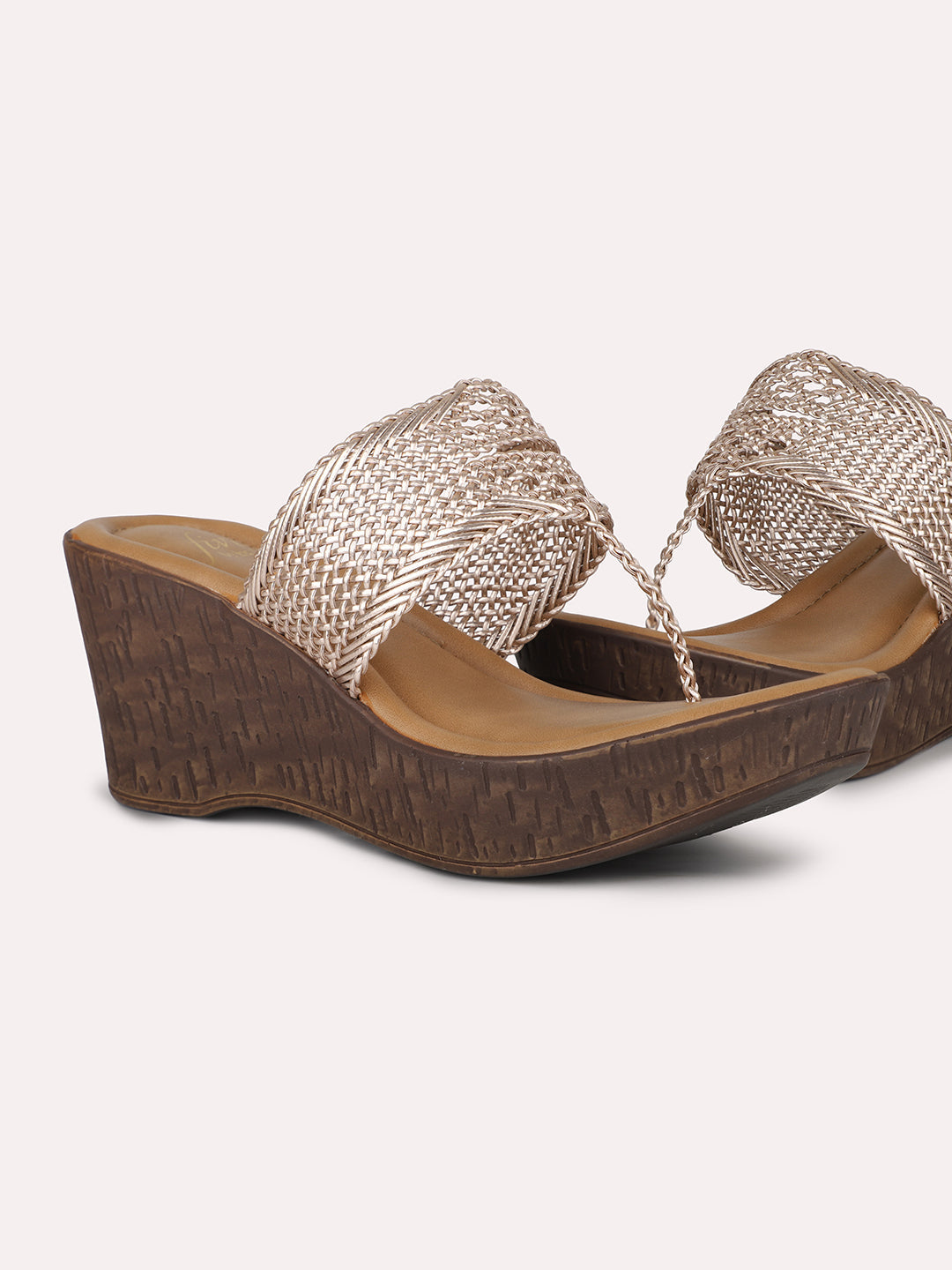 Women Rose Gold Woven Design Wedge Sandals