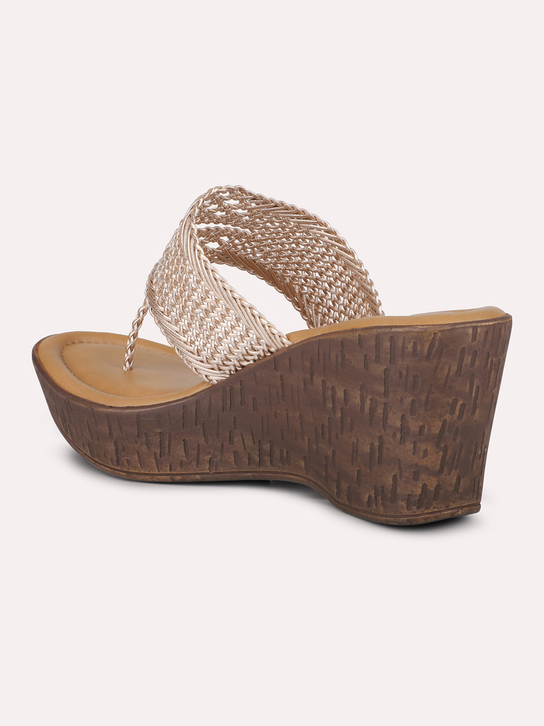 Women Rose Gold Woven Design Wedge Sandals