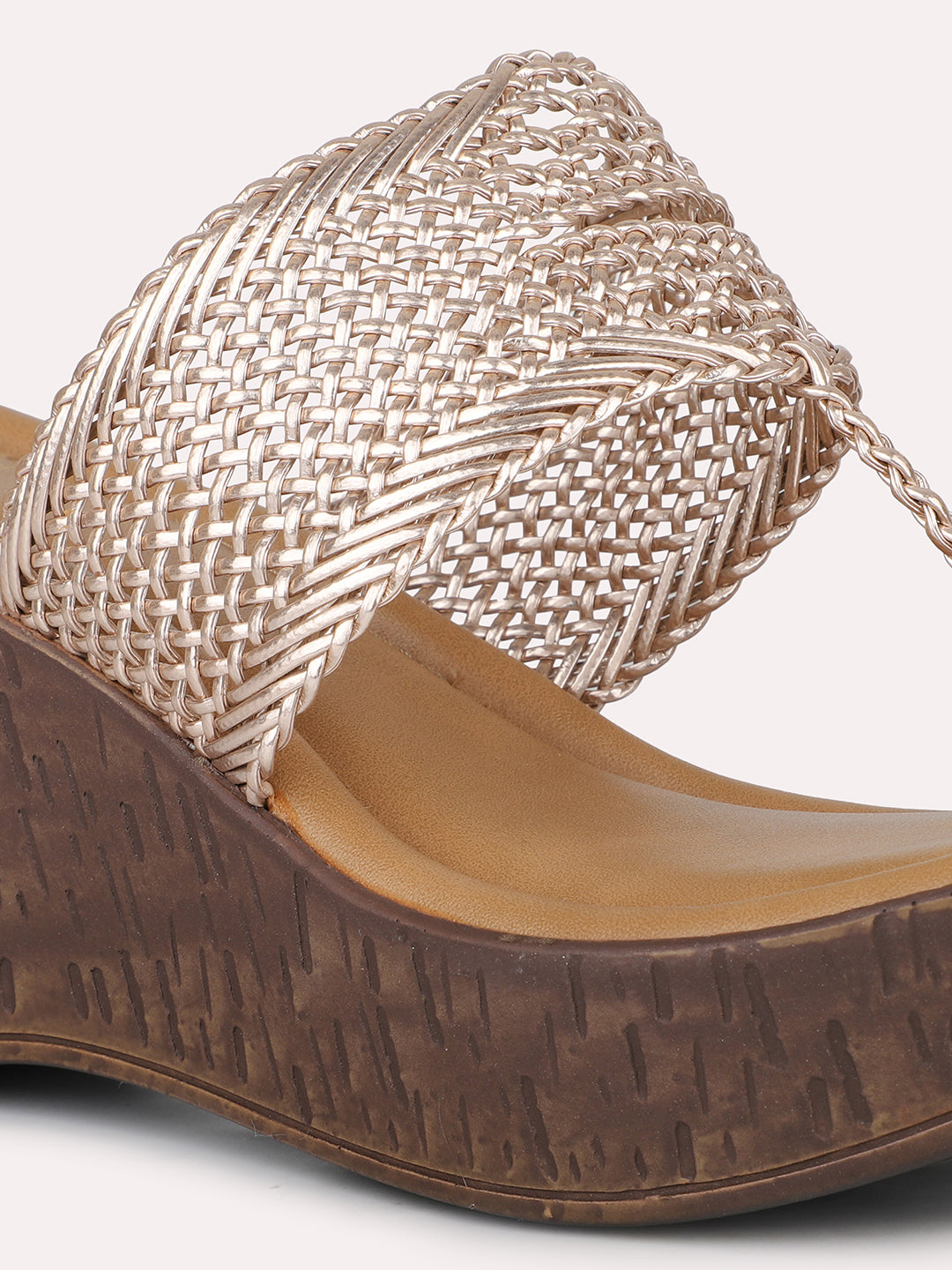 Women Rose Gold Woven Design Wedge Sandals