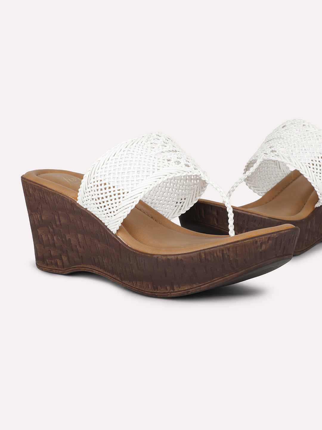 Women White Woven Design Wedge Sandals