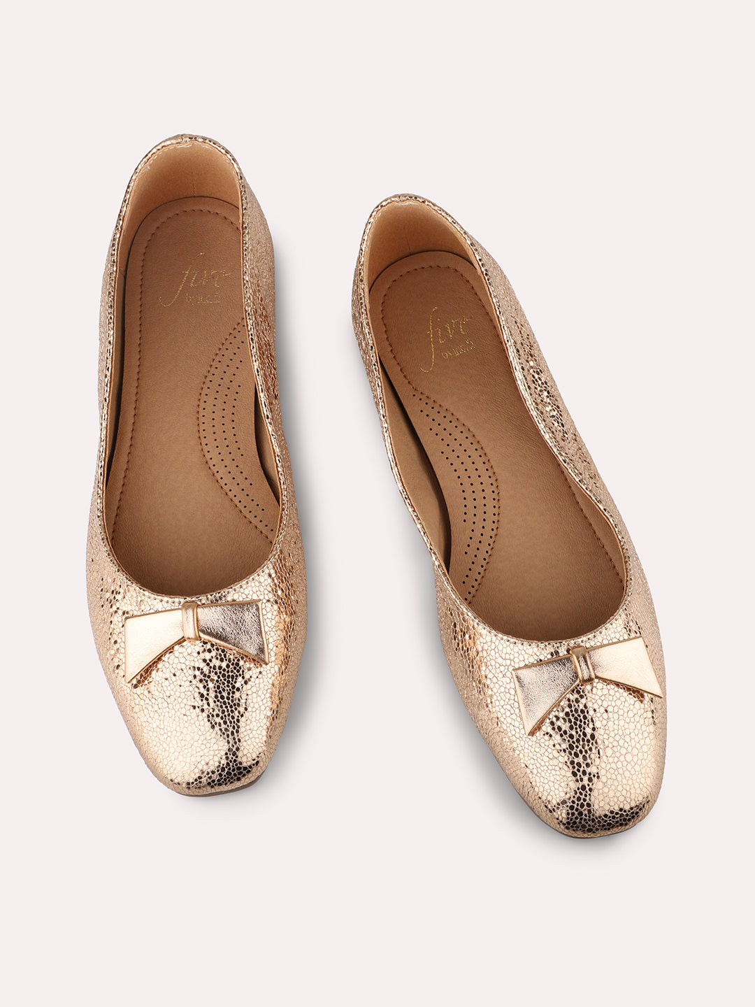 Women Rose Gold Textured Bow Detail Flats Ballerinas