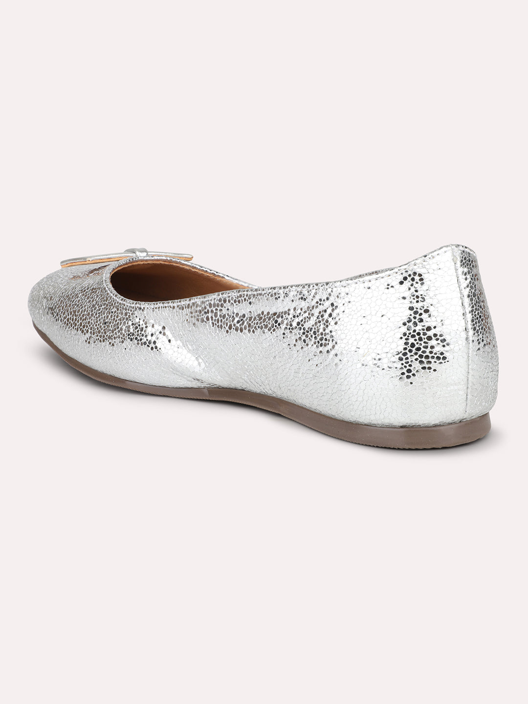 Women Silver Textured Bow Detail Flats Ballerinas