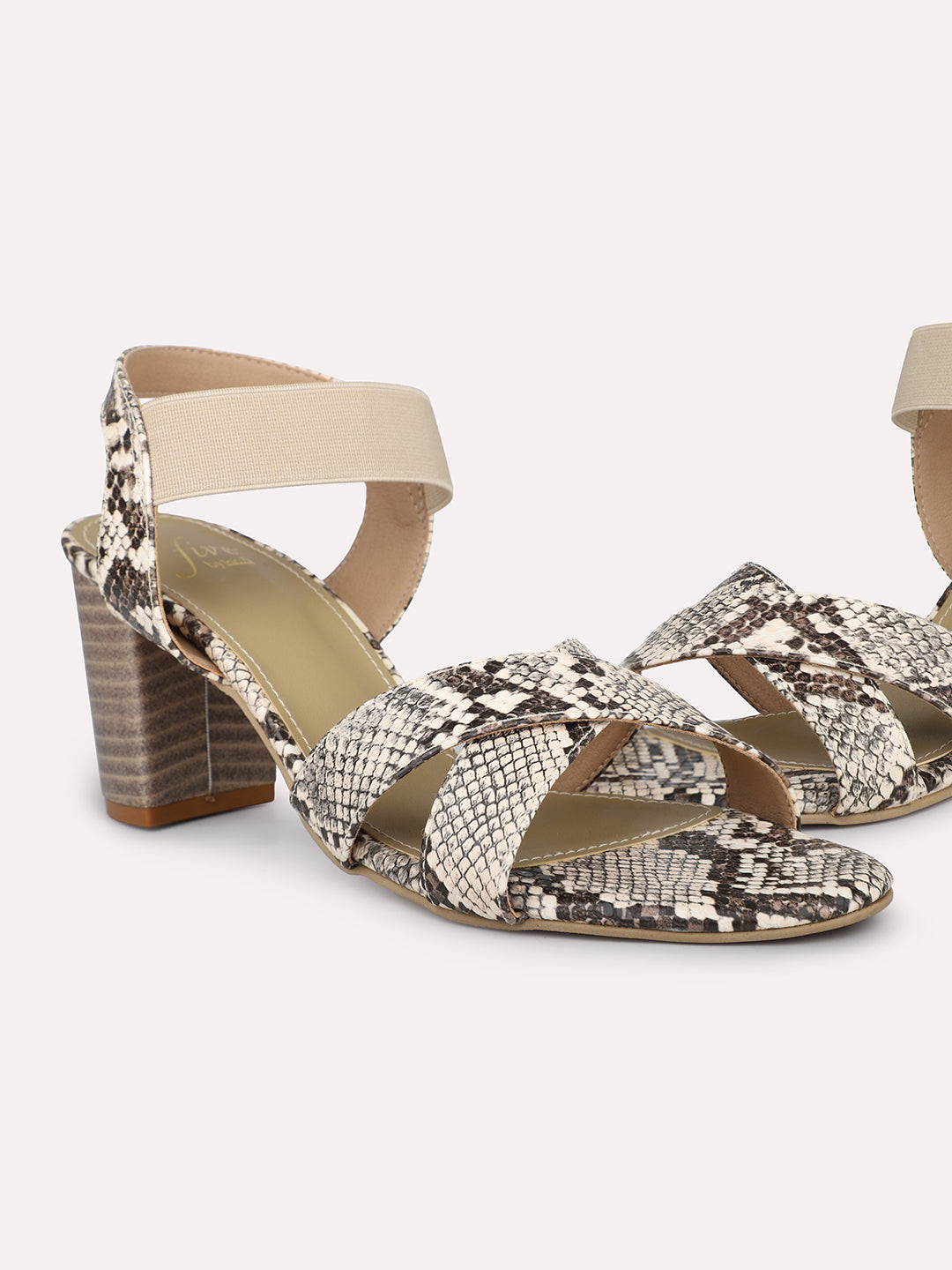 Women Beige & Brown-Toned Printed Block Heels