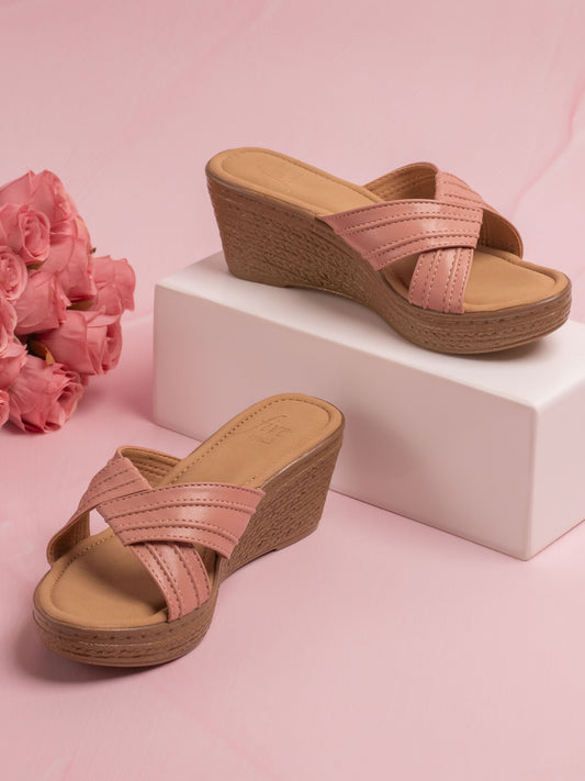 Women Peach Criss-Cross Textured Strap Wedge Heels