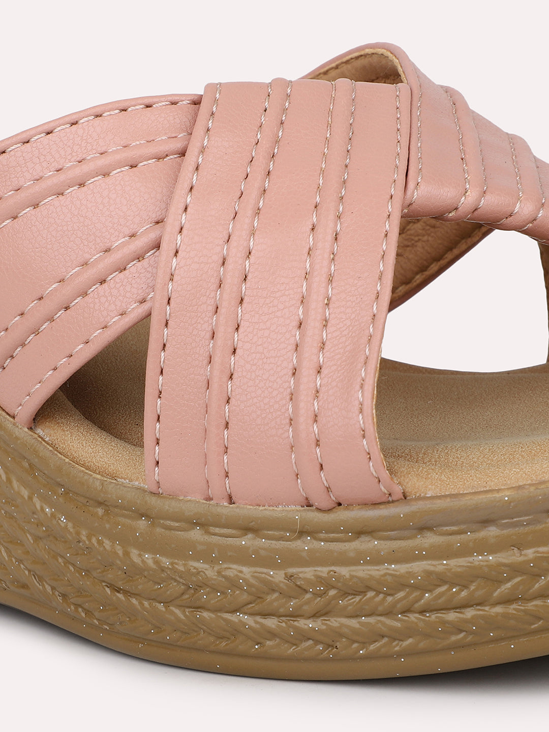 Women Peach Criss-Cross Textured Strap Wedge Heels