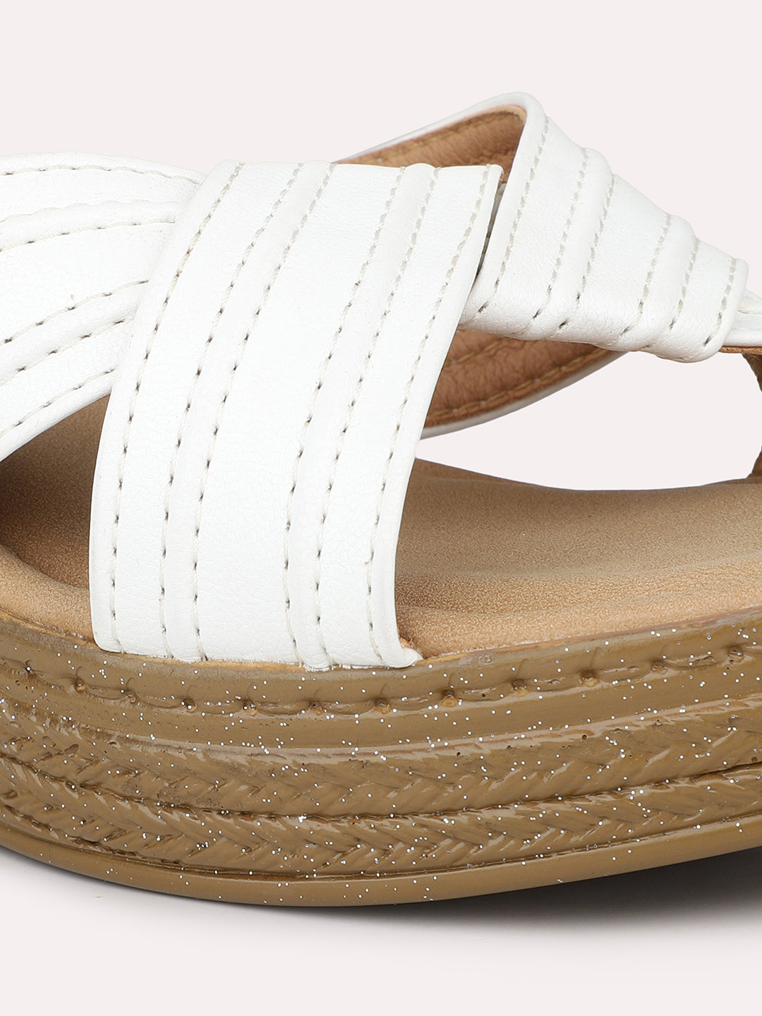 Women White Criss-Cross Textured Strap Wedge Heels