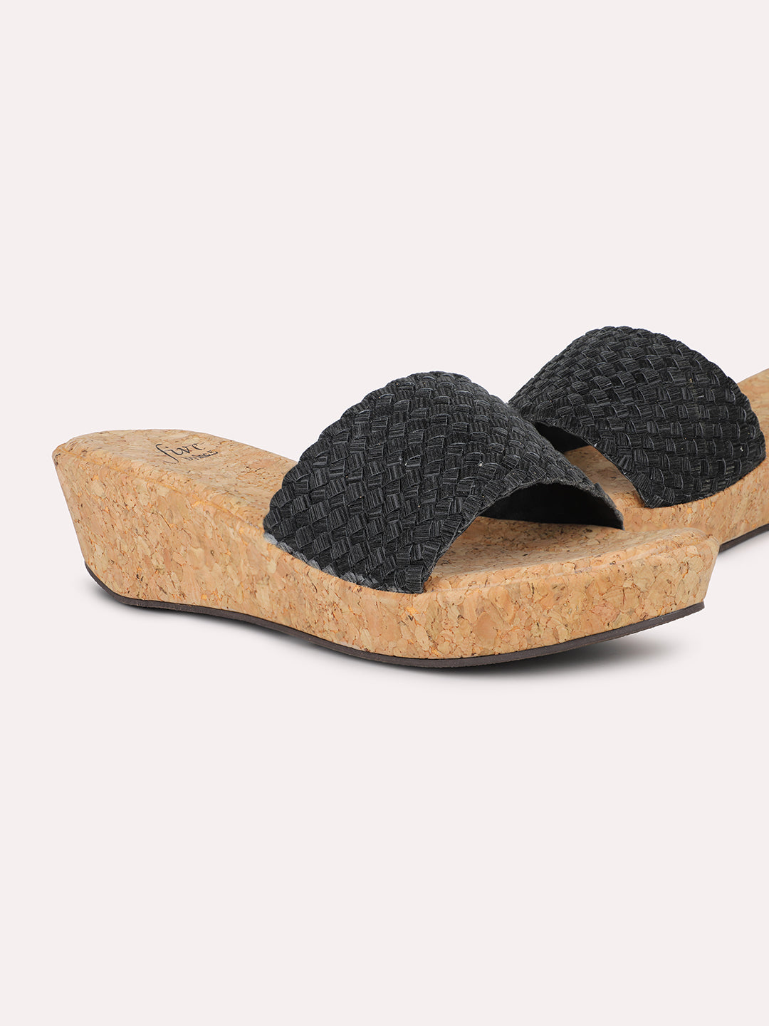 Women Black Textured Open Toe Cork Finish Wedge Heels