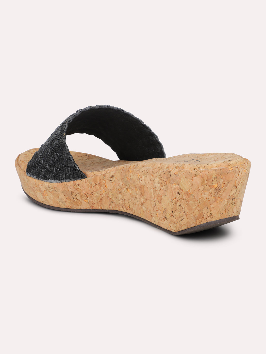 Women Black Textured Open Toe Cork Finish Wedge Heels