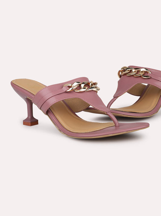 Women Purple Buckle Detail Slim Heels