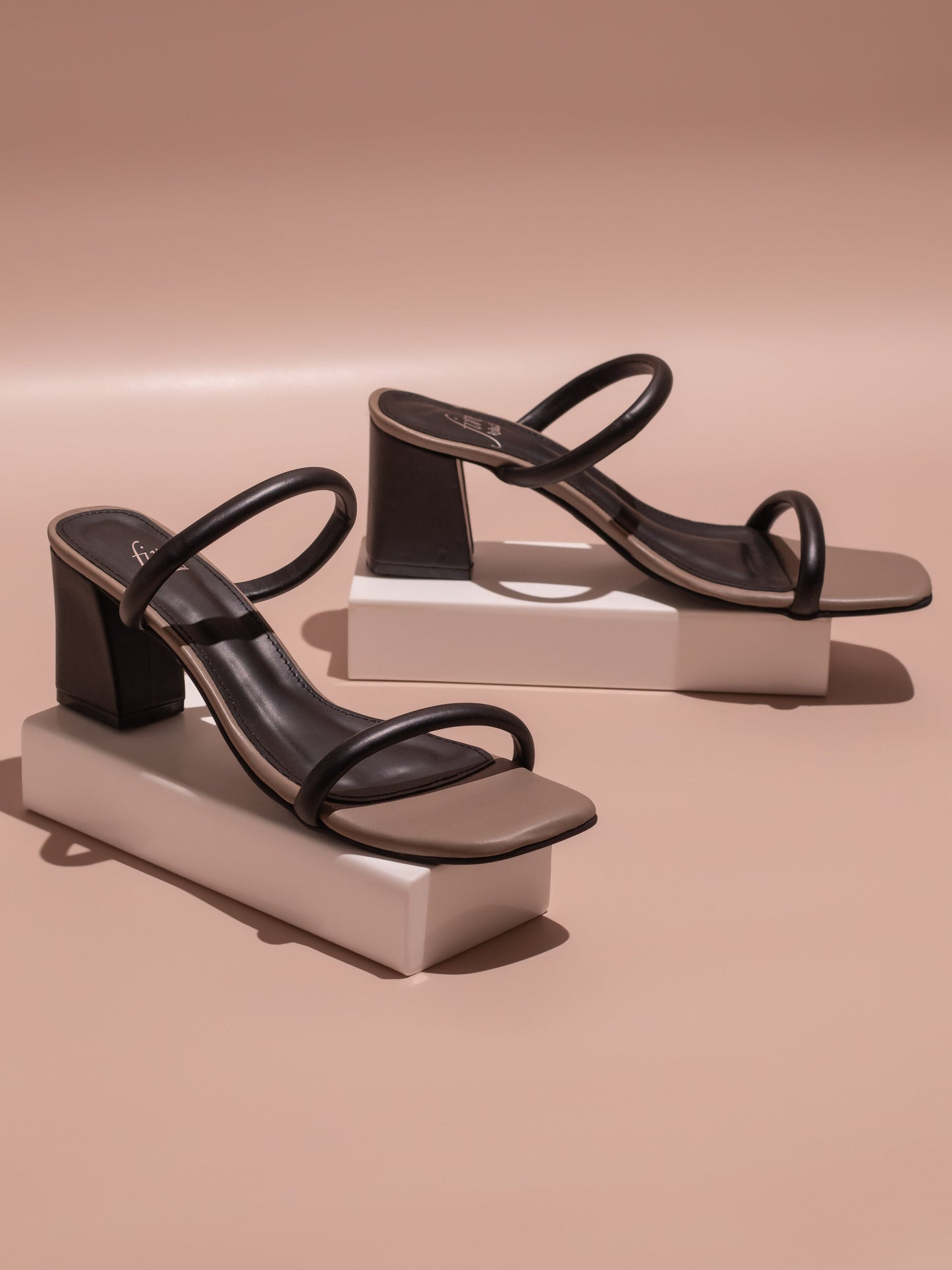 Women Black And Grey-Toned Solid Two Strap Block Heels