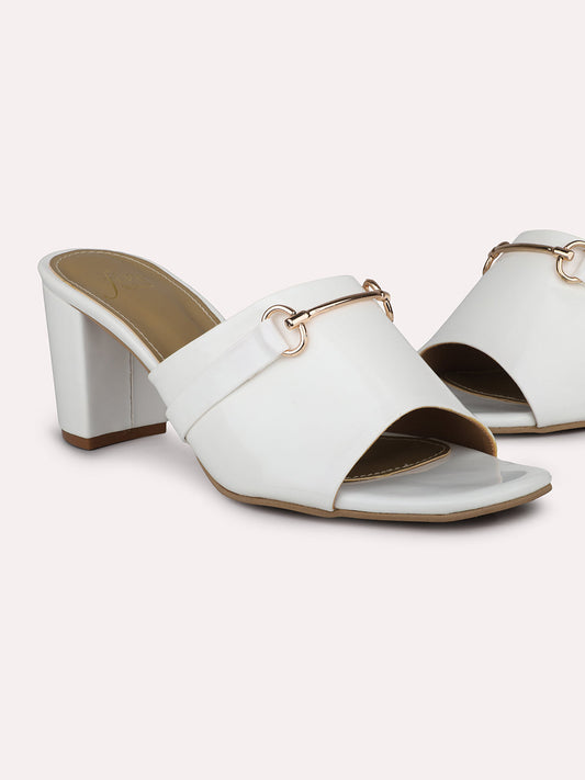 Women White Open Toe Buckle Detail Block Heels