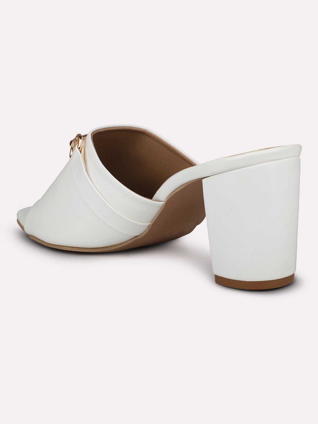 Women White Open Toe Buckle Detail Block Heels