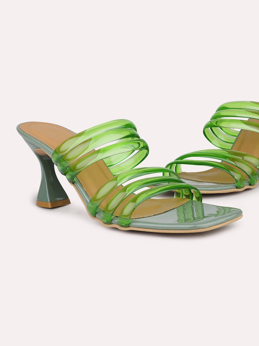 Women Green Transparent Strappy Open Toe Kitten Heels