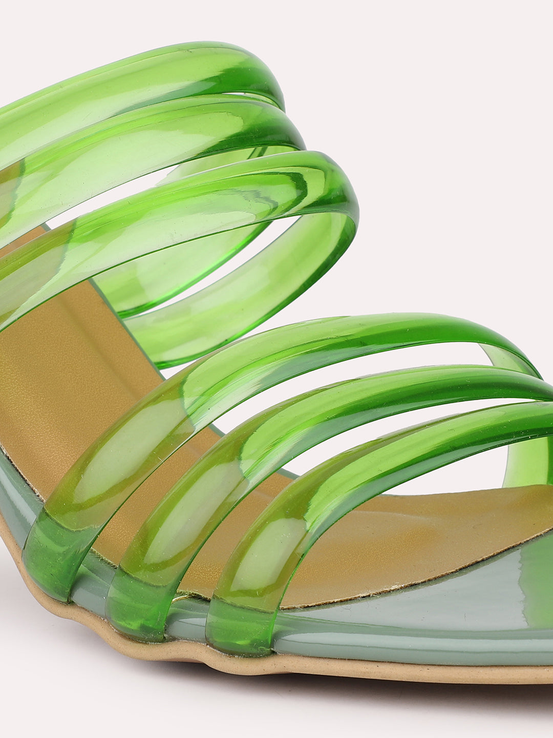 Women Green Transparent Strappy Open Toe Kitten Heels