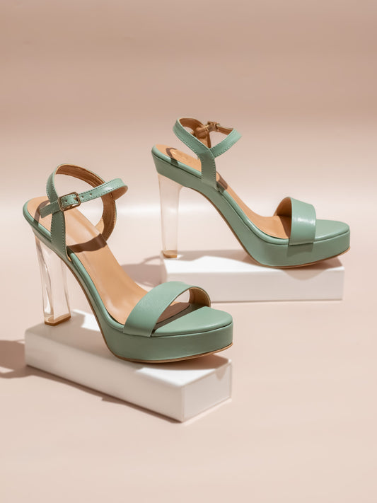 Women Green Ankle Loop Party Block Heels