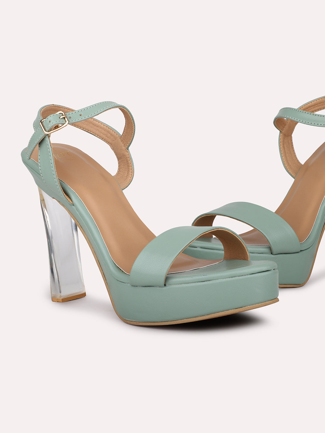 Women Green Ankle Loop Party Block Heels