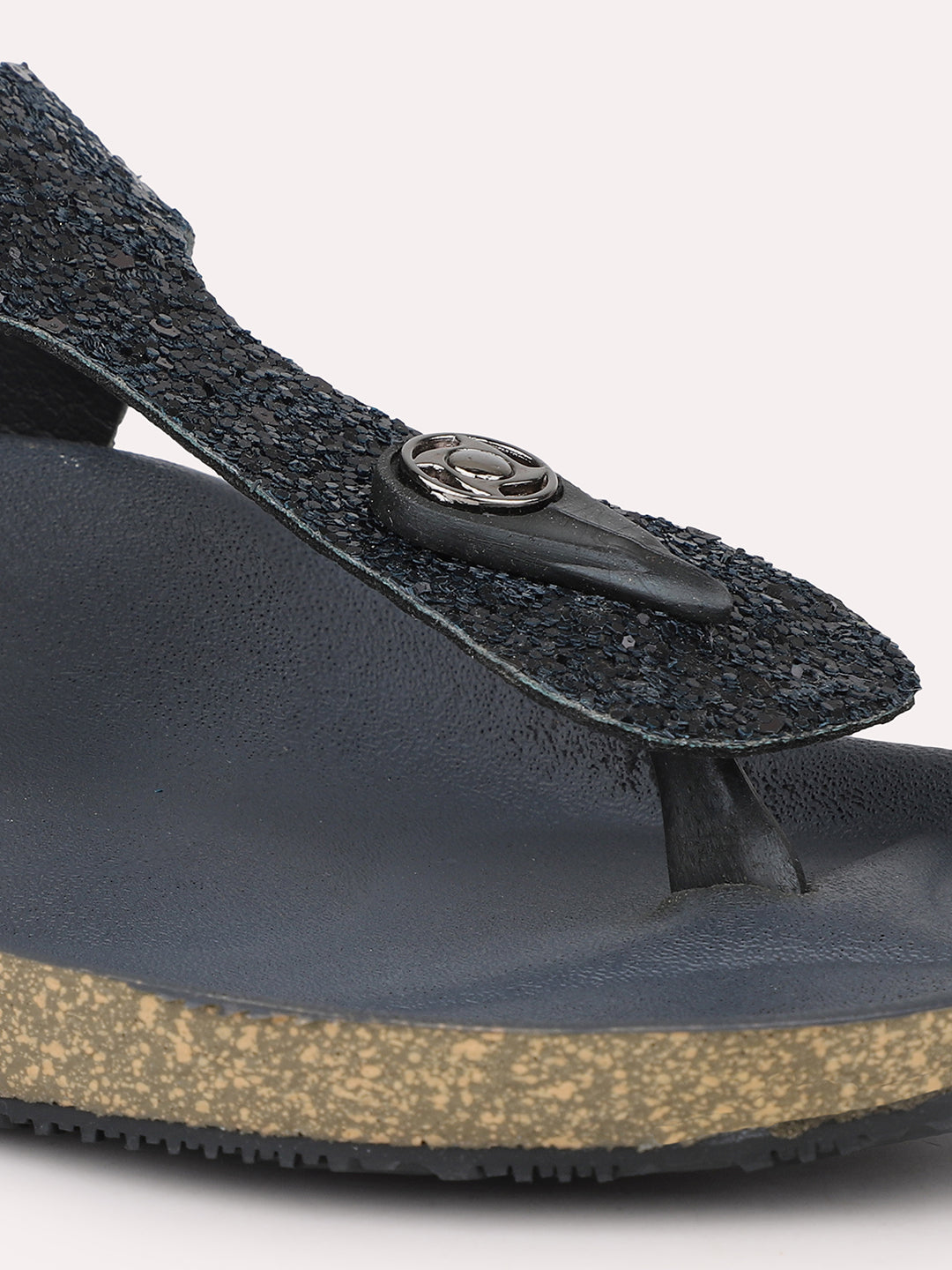 Women Black Cork Finish Comfort T-Strap Flats With Buckle Detail