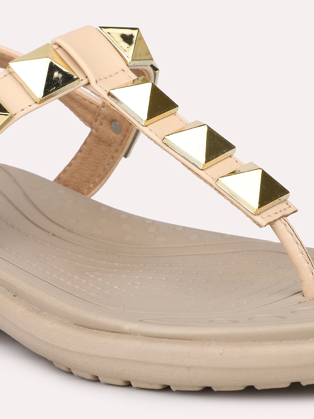 Women Beige Embellished T-Strap Studded Comfort Heels