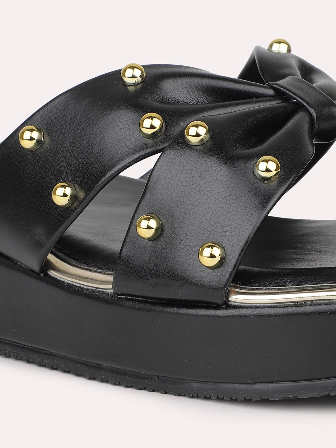 Women Black Open Toe Studded Wedge Heels