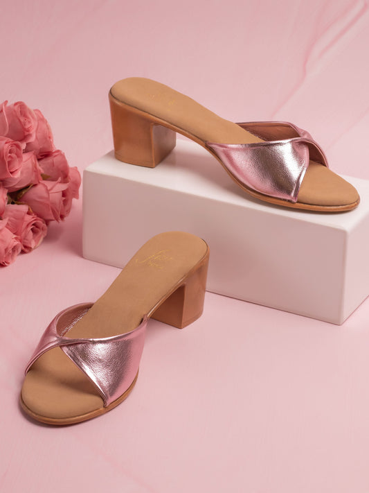 Women Rose Gold Solid Open Toe Block Heels