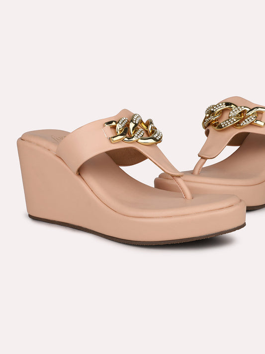 Women Peach Buckle Detailed Wedge Heels