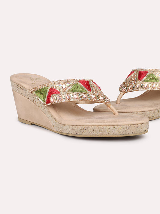 Women Rose Gold Embroidered Open Toe Cork Finish Wedge Heels