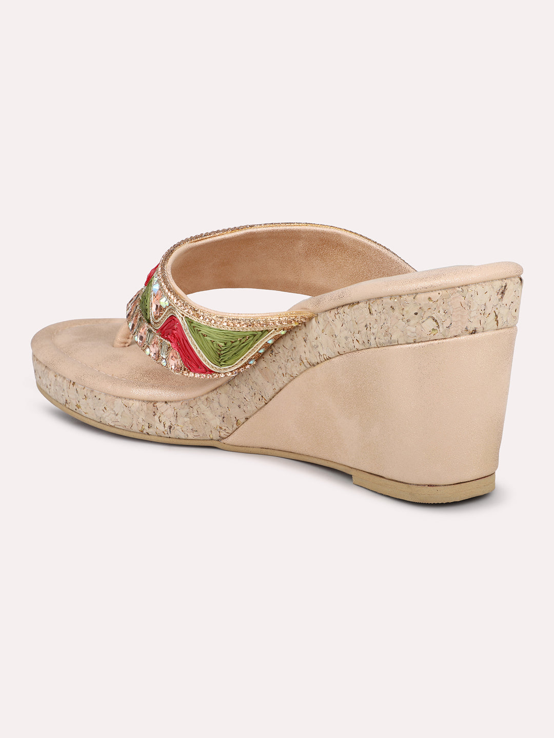 Women Rose Gold Embroidered Open Toe Cork Finish Wedge Heels