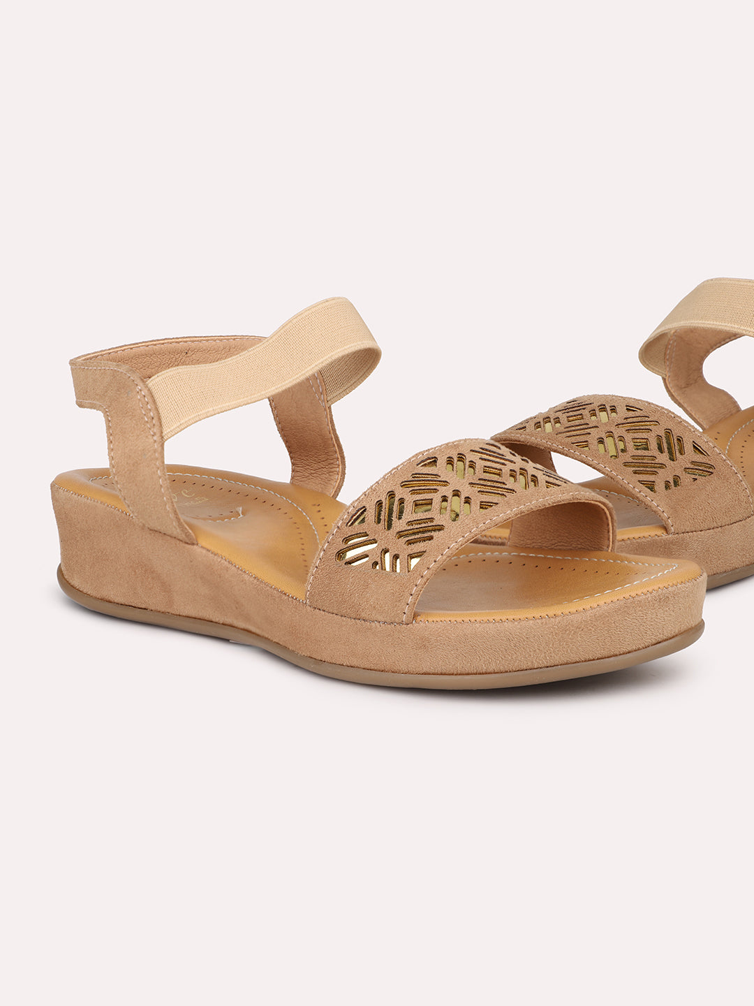 Women Beige Textured Comfort Sandals with Laser Cuts
