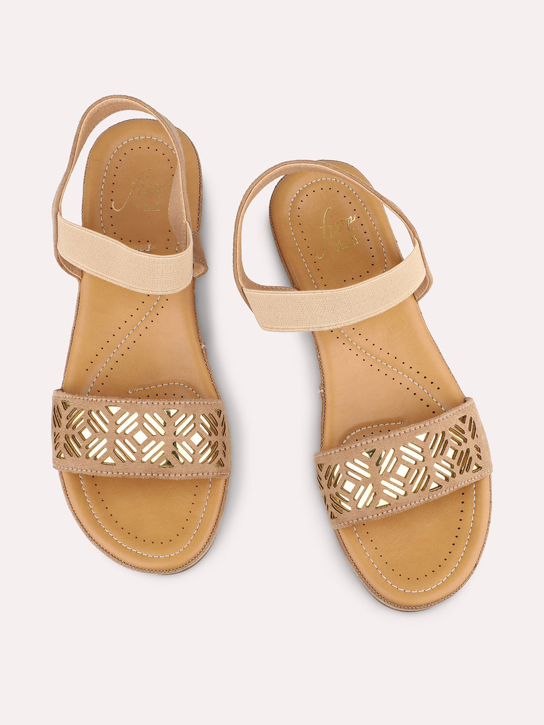 Women Beige Textured Comfort Sandals with Laser Cuts