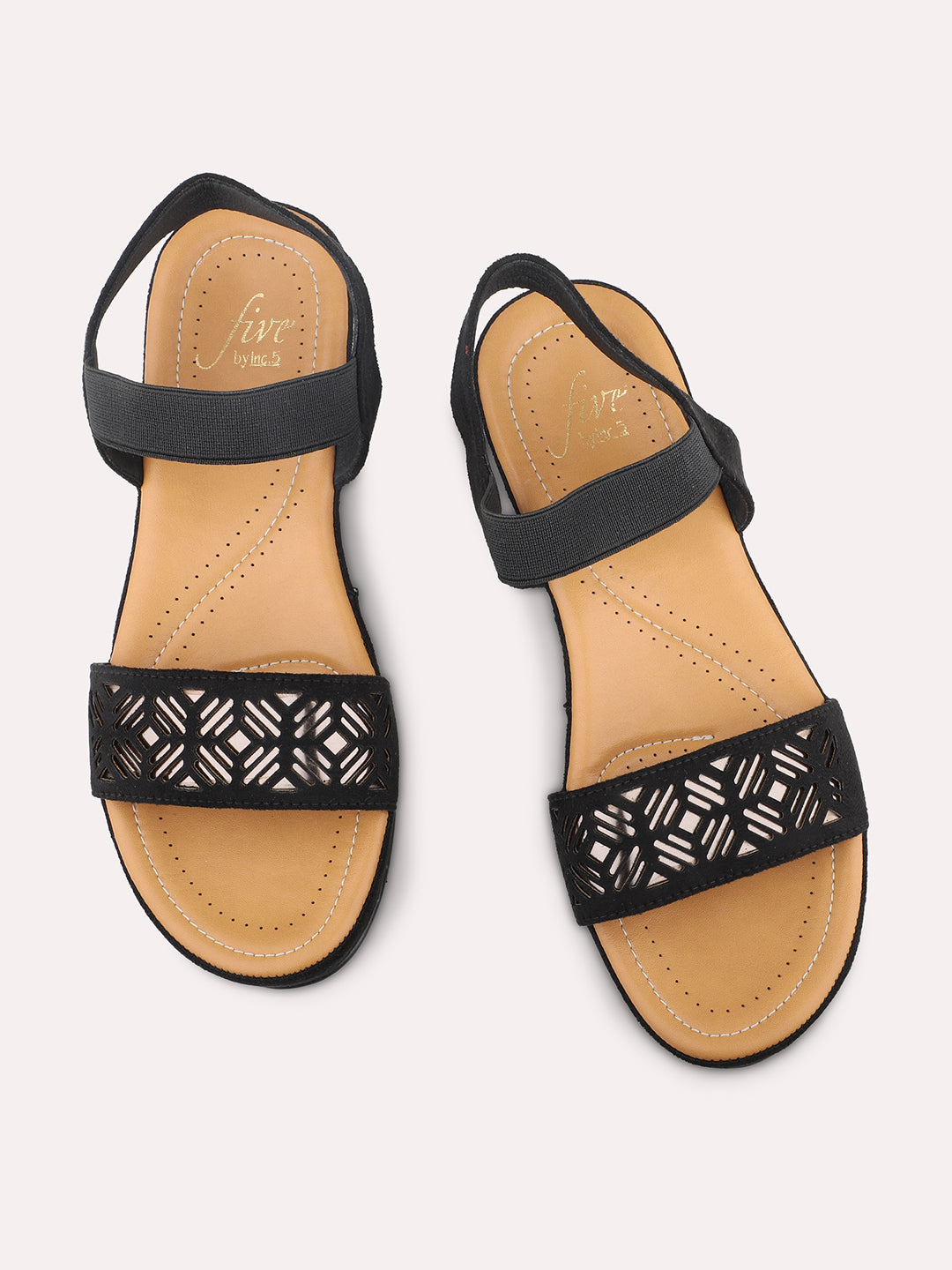 Women Black Textured Comfort Sandals With Laser Cuts