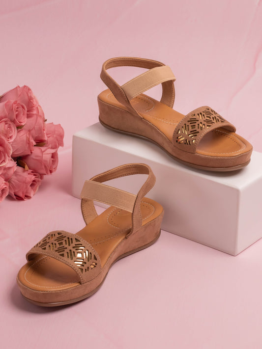 Women Tan Textured Comfort Sandals With Laser Cuts