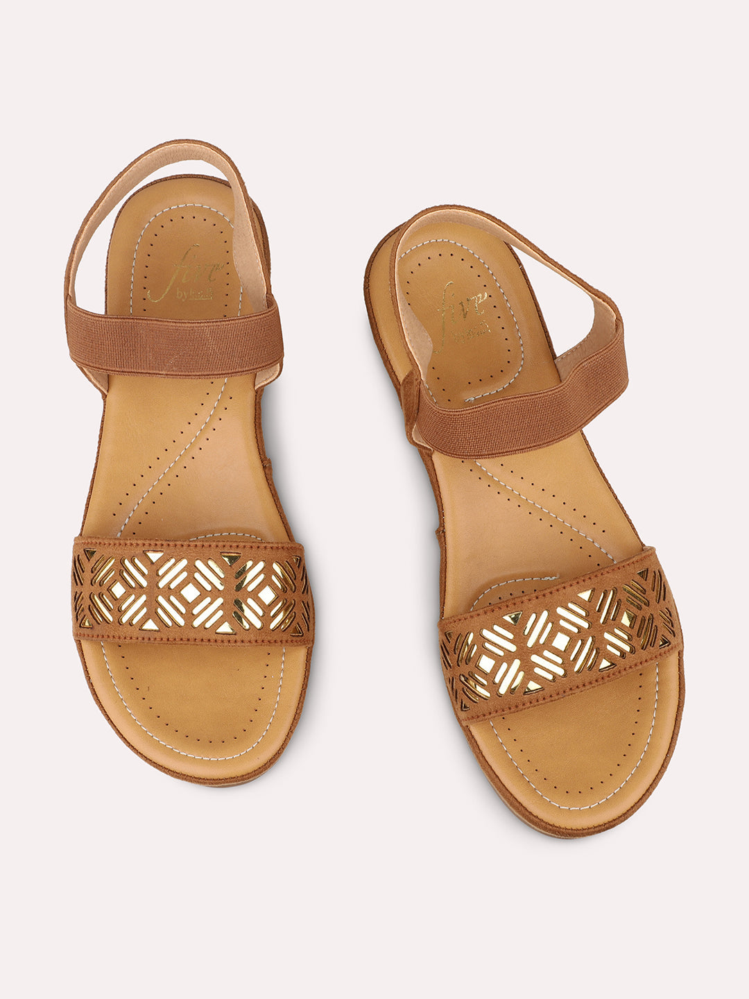 Women Tan Textured Comfort Sandals With Laser Cuts