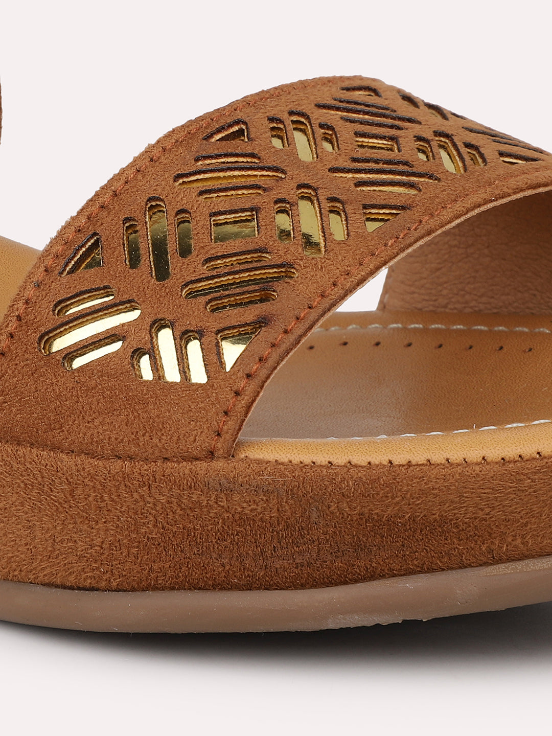 Women Tan Textured Comfort Sandals With Laser Cuts